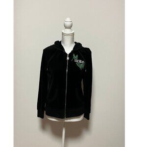 BCBG Maxazria Black Velour Hoodie With Green Butterflies, Size Large, Full Zip